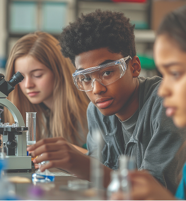 A group of students in a science classroom, one wearing safety goggles, working with lab equipment and microscopes, focused on experiments.